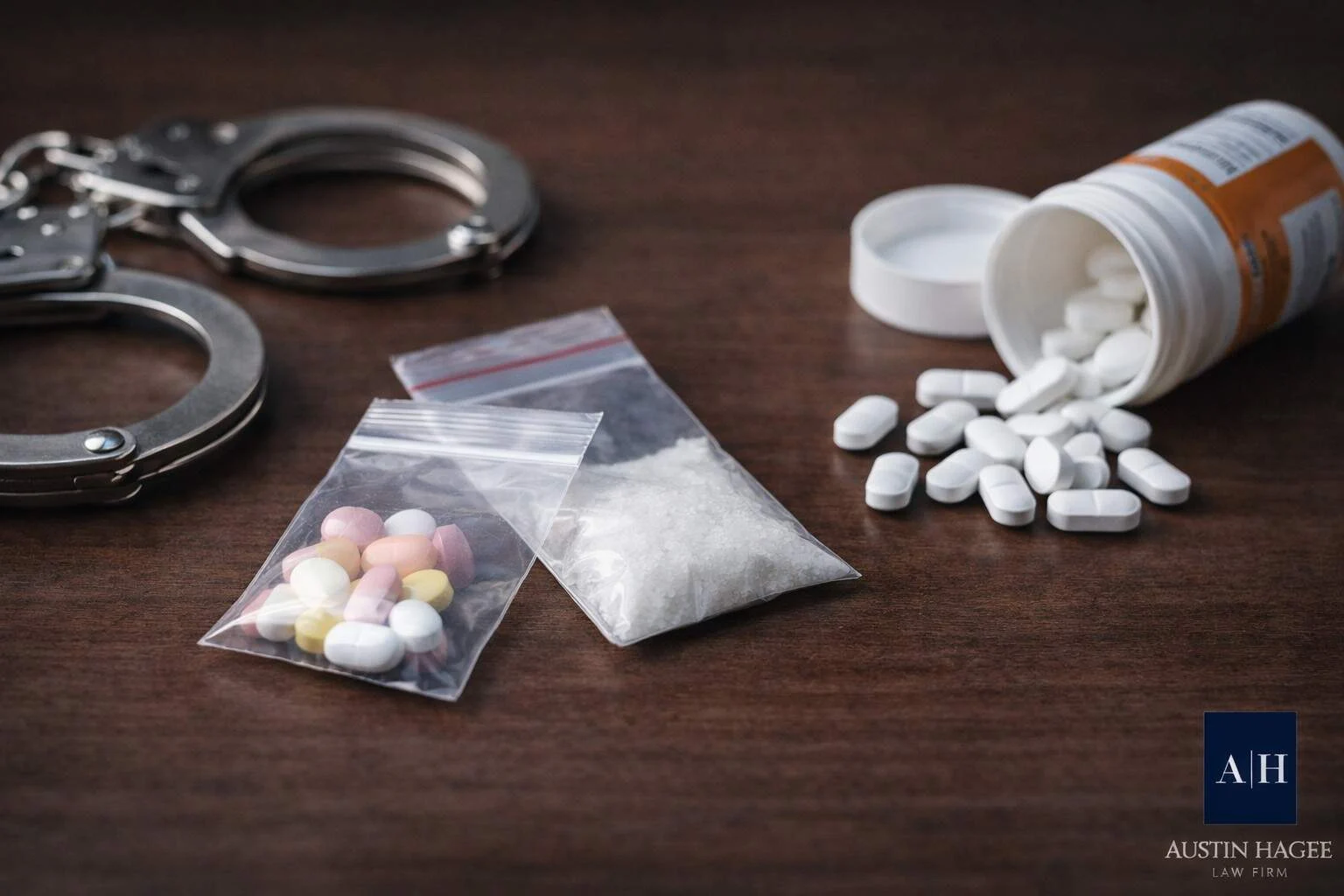 Handcuffs, baggies of pills and white crystals, and a spilled prescription bottle on a dark wood table