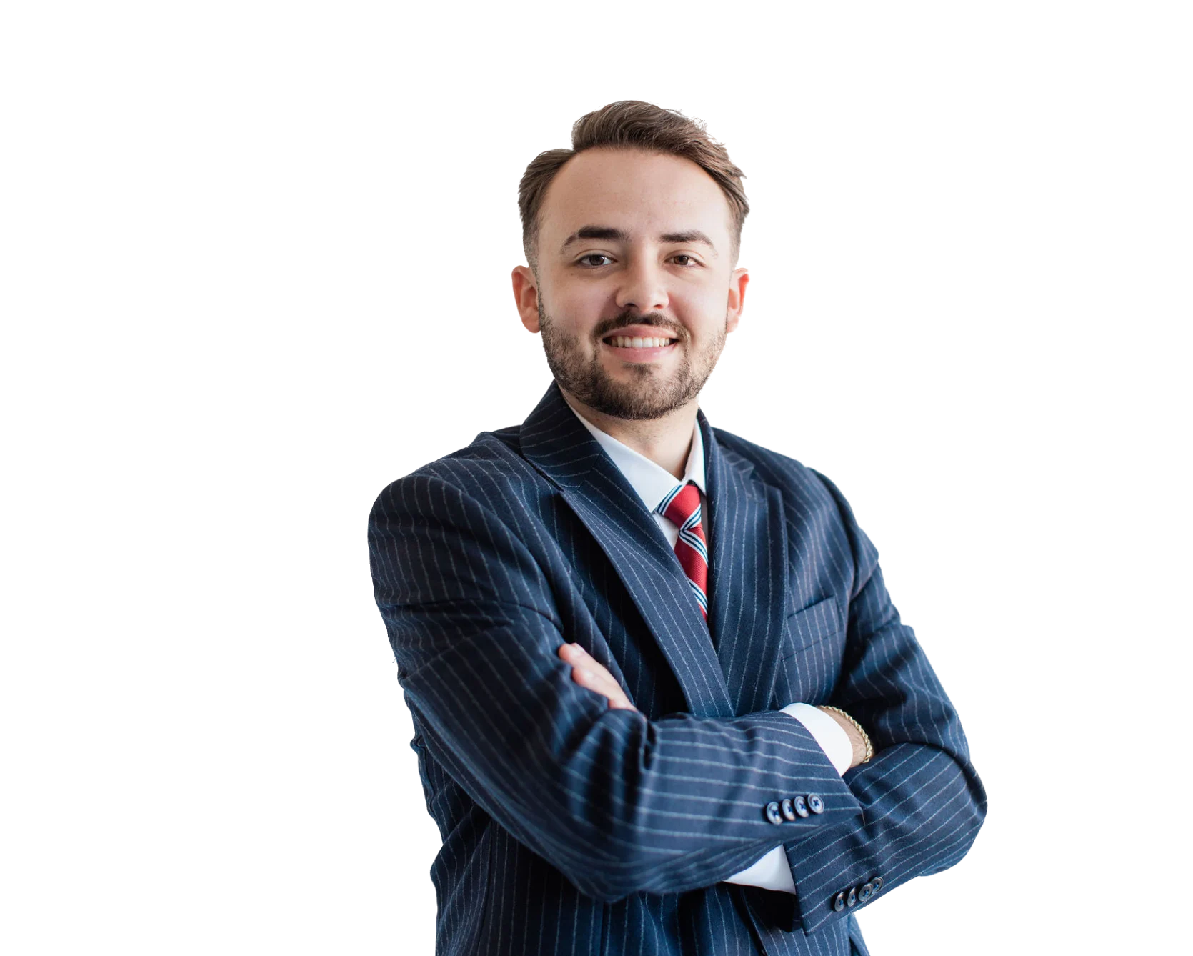 Niklaus B. Orosco in a navy pinstripe suit and red striped tie